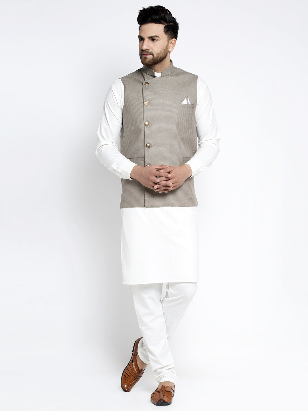 Jompers Men's Solid White Cotton Kurta Payjama with Geometric Waistcoat(Grey) | Grocsy
