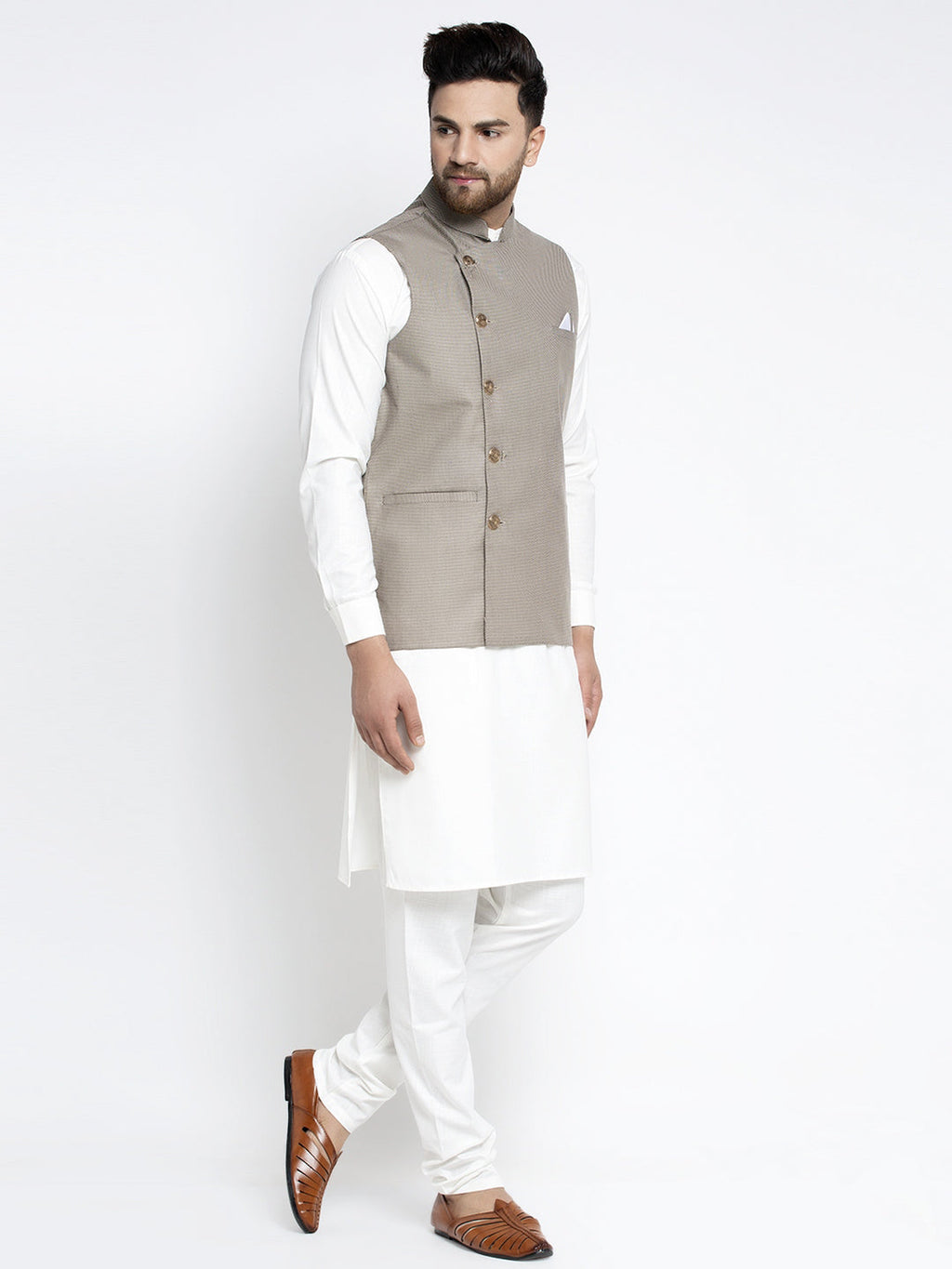 Jompers Men's Solid White Cotton Kurta Payjama with Geometric Waistcoat(Grey) | Grocsy