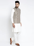 Jompers Men's Solid White Cotton Kurta Payjama with Geometric Waistcoat(Grey) | Grocsy