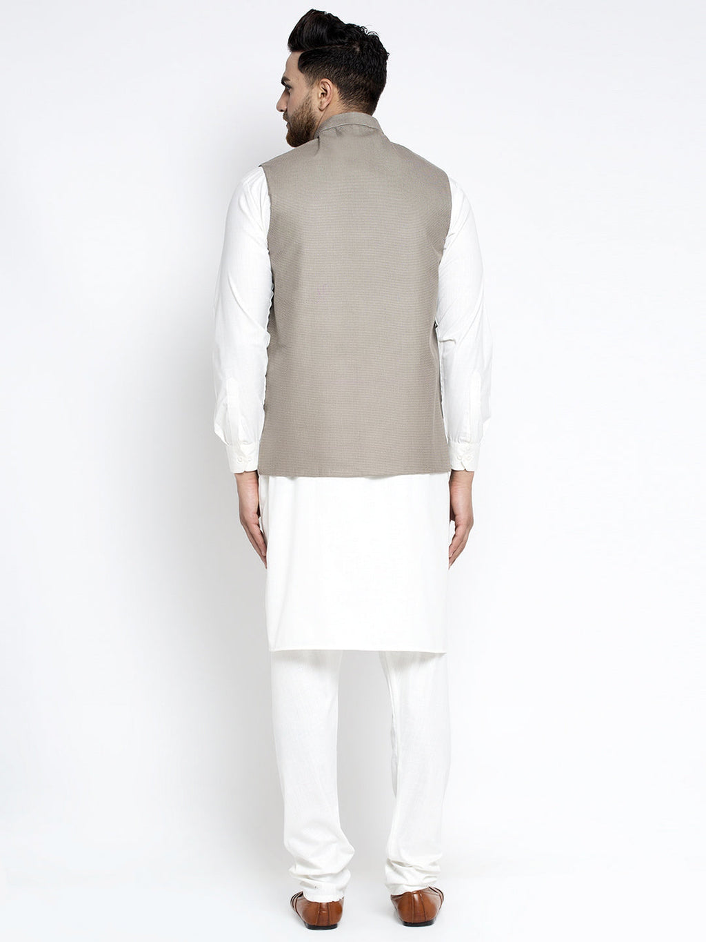Jompers Men's Solid White Cotton Kurta Payjama with Geometric Waistcoat(Grey) | Grocsy