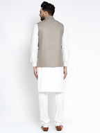 Jompers Men's Solid White Cotton Kurta Payjama with Geometric Waistcoat(Grey) | Grocsy