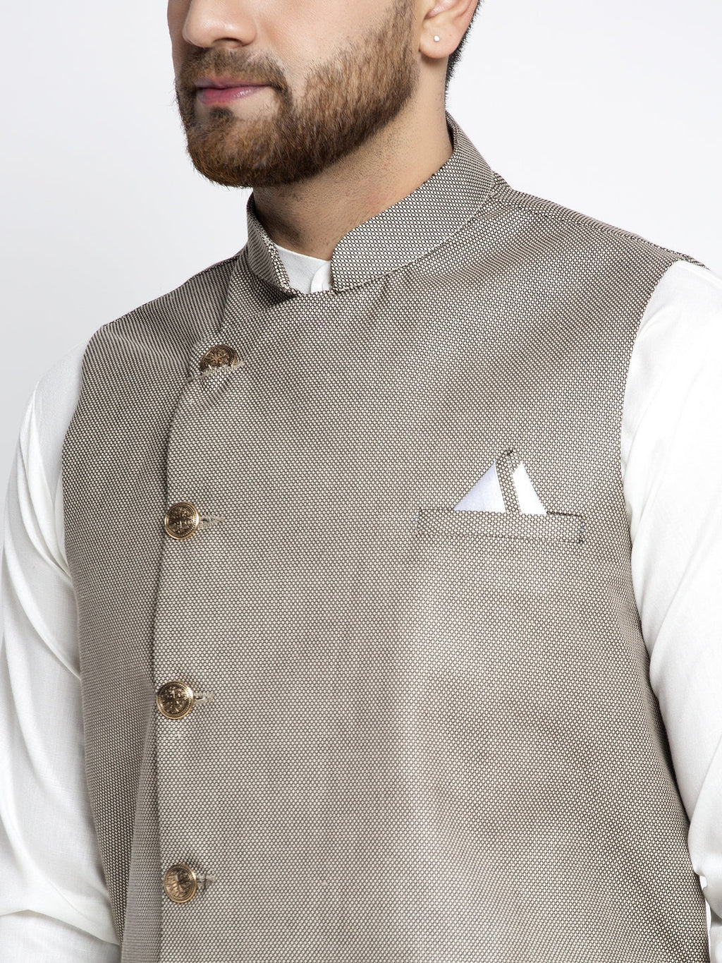 Jompers Men's Solid White Cotton Kurta Payjama with Geometric Waistcoat(Grey) | Grocsy