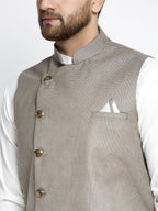 Jompers Men's Solid White Cotton Kurta Payjama with Geometric Waistcoat(Grey) | Grocsy