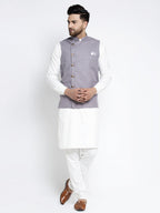 Jompers Men's Solid White Cotton Kurta Payjama with Geometric Waistcoat(Purple) | Grocsy