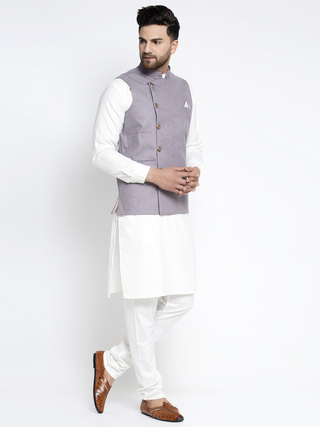 Jompers Men's Solid White Cotton Kurta Payjama with Geometric Waistcoat(Purple) | Grocsy