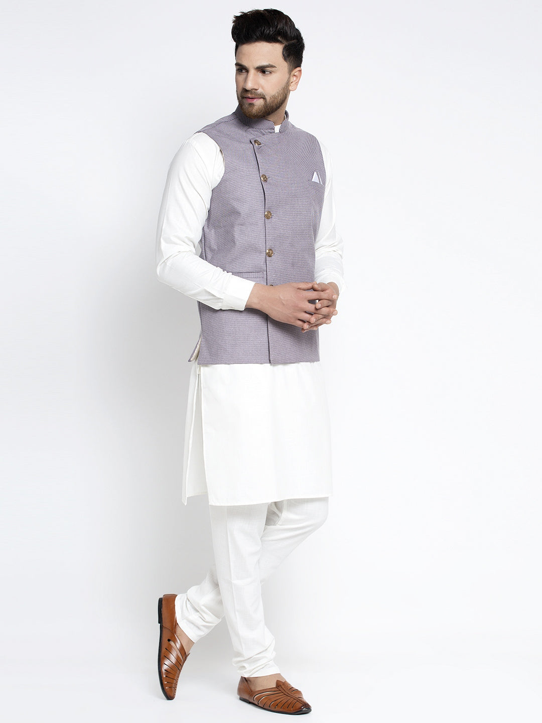 Jompers Men's Solid White Cotton Kurta Payjama with Geometric Waistcoat(Purple) | Grocsy