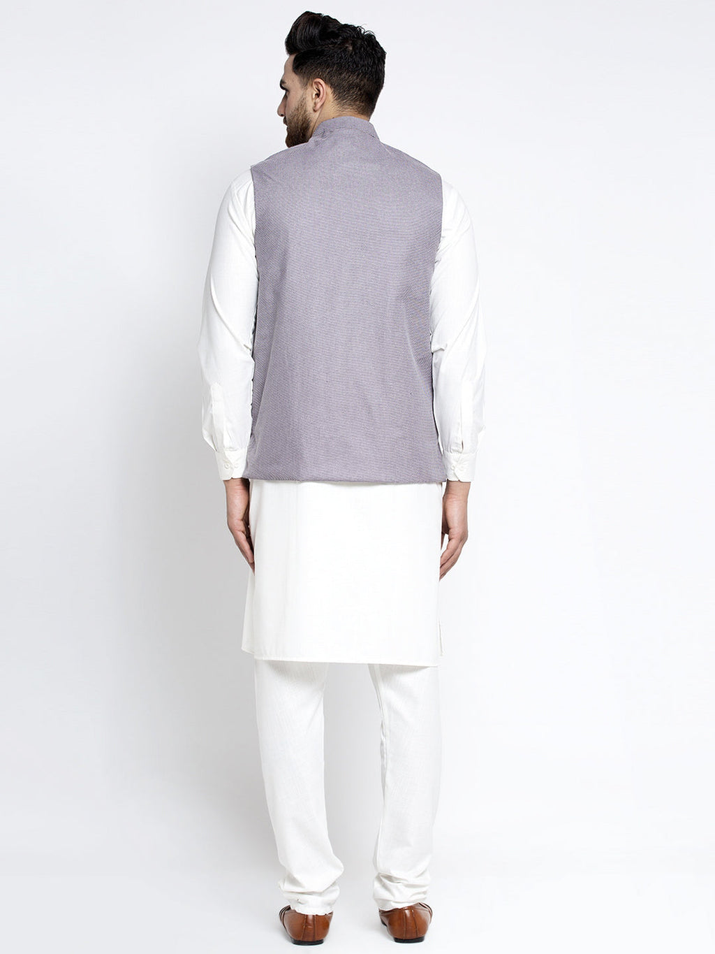 Jompers Men's Solid White Cotton Kurta Payjama with Geometric Waistcoat(Purple) | Grocsy