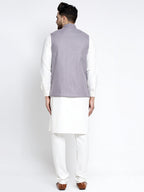 Jompers Men's Solid White Cotton Kurta Payjama with Geometric Waistcoat(Purple) | Grocsy