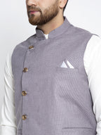 Jompers Men's Solid White Cotton Kurta Payjama with Geometric Waistcoat(Purple) | Grocsy