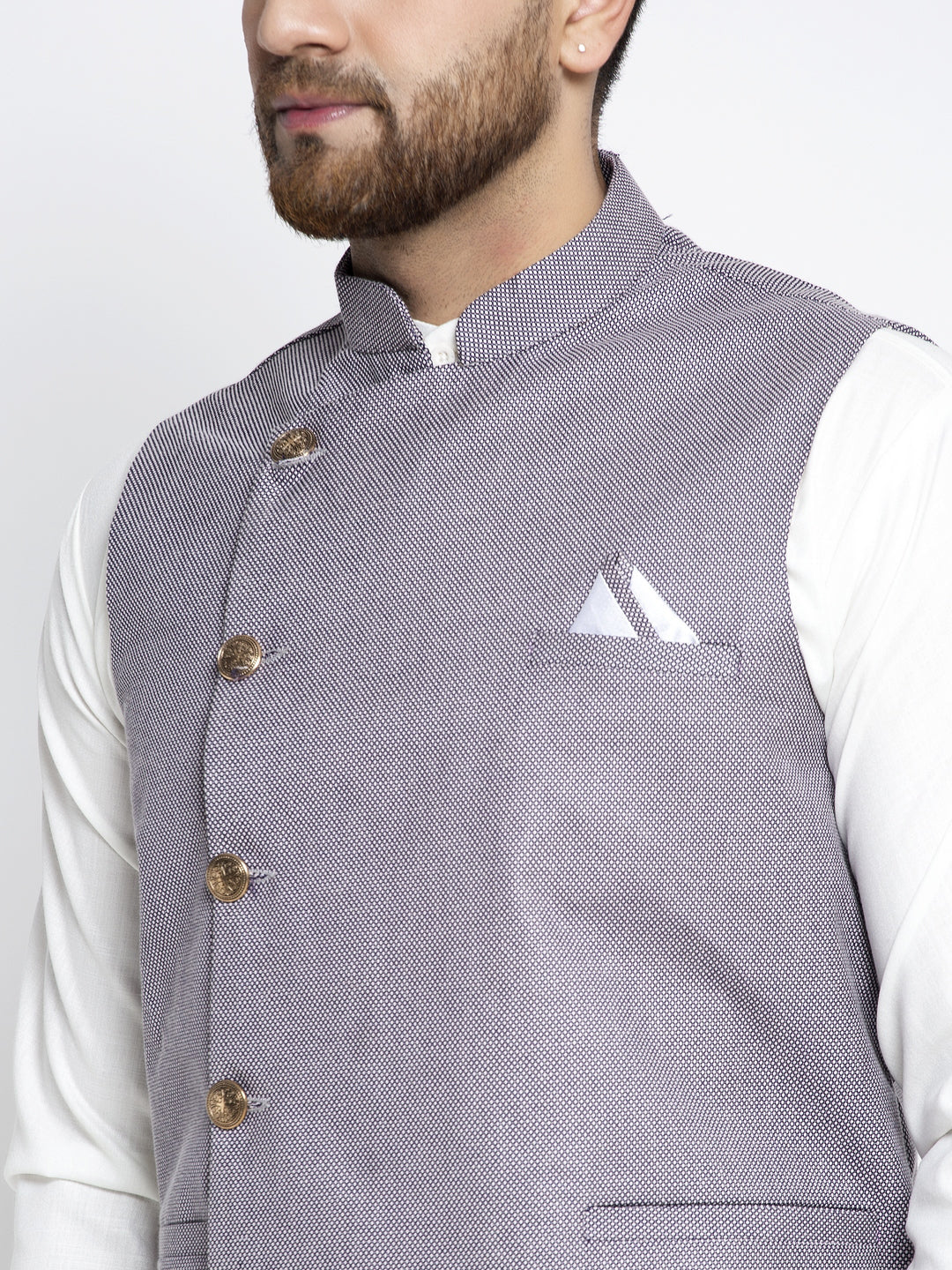 Jompers Men's Solid White Cotton Kurta Payjama with Geometric Waistcoat(Purple) | Grocsy