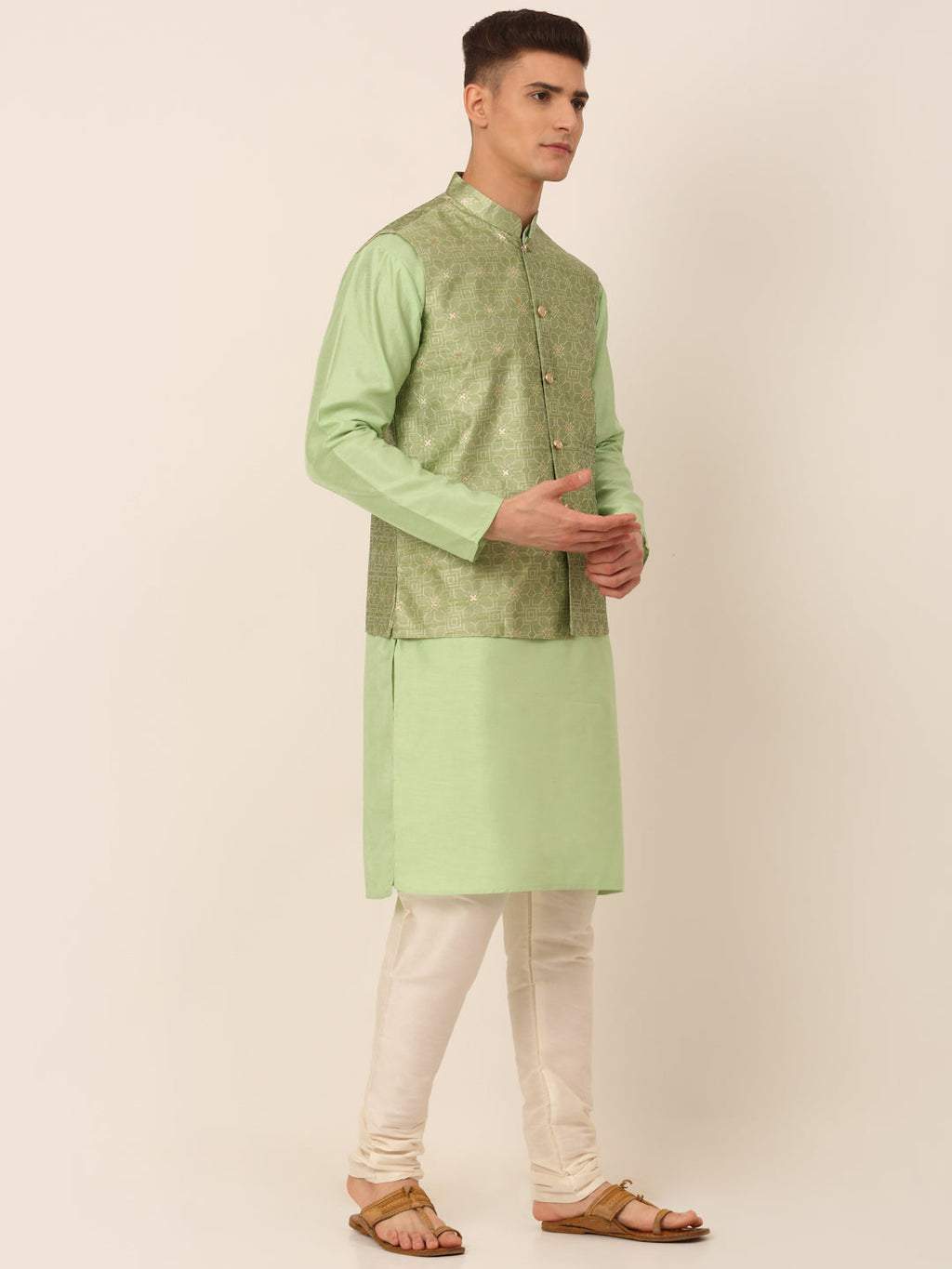 Jompers Men's Woven Design Nehru Jacket and Kurta Pyjama Set - Pista | Grocsy
