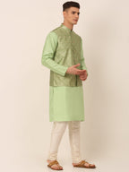 Jompers Men's Woven Design Nehru Jacket and Kurta Pyjama Set - Pista | Grocsy