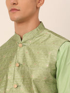Jompers Men's Woven Design Nehru Jacket and Kurta Pyjama Set - Pista | Grocsy