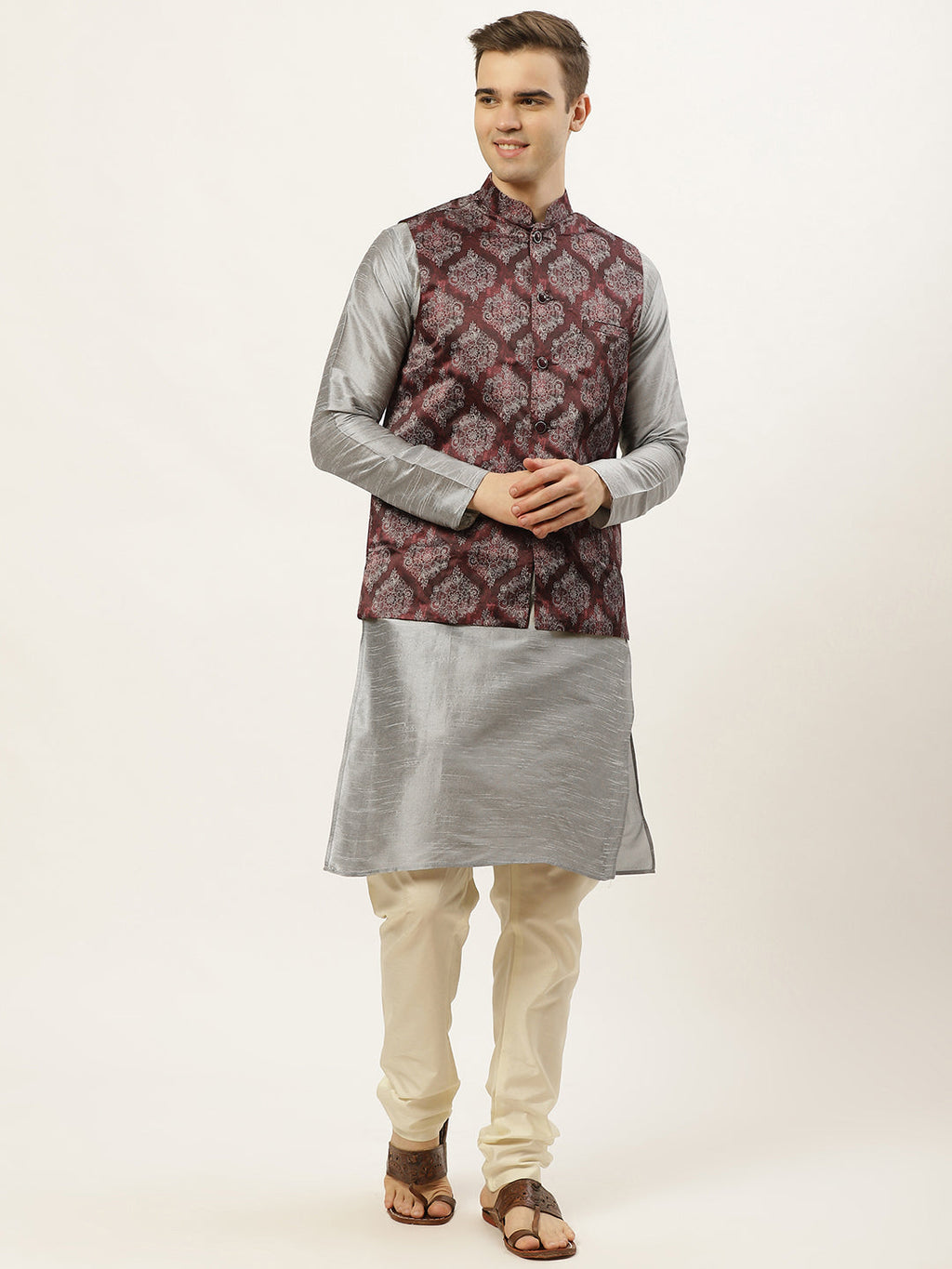Jompers Men's Printed Nehru Jacket and Kurta Pyjama Set - Maroon | Grocsy