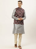 Jompers Men's Printed Nehru Jacket and Kurta Pyjama Set - Maroon | Grocsy