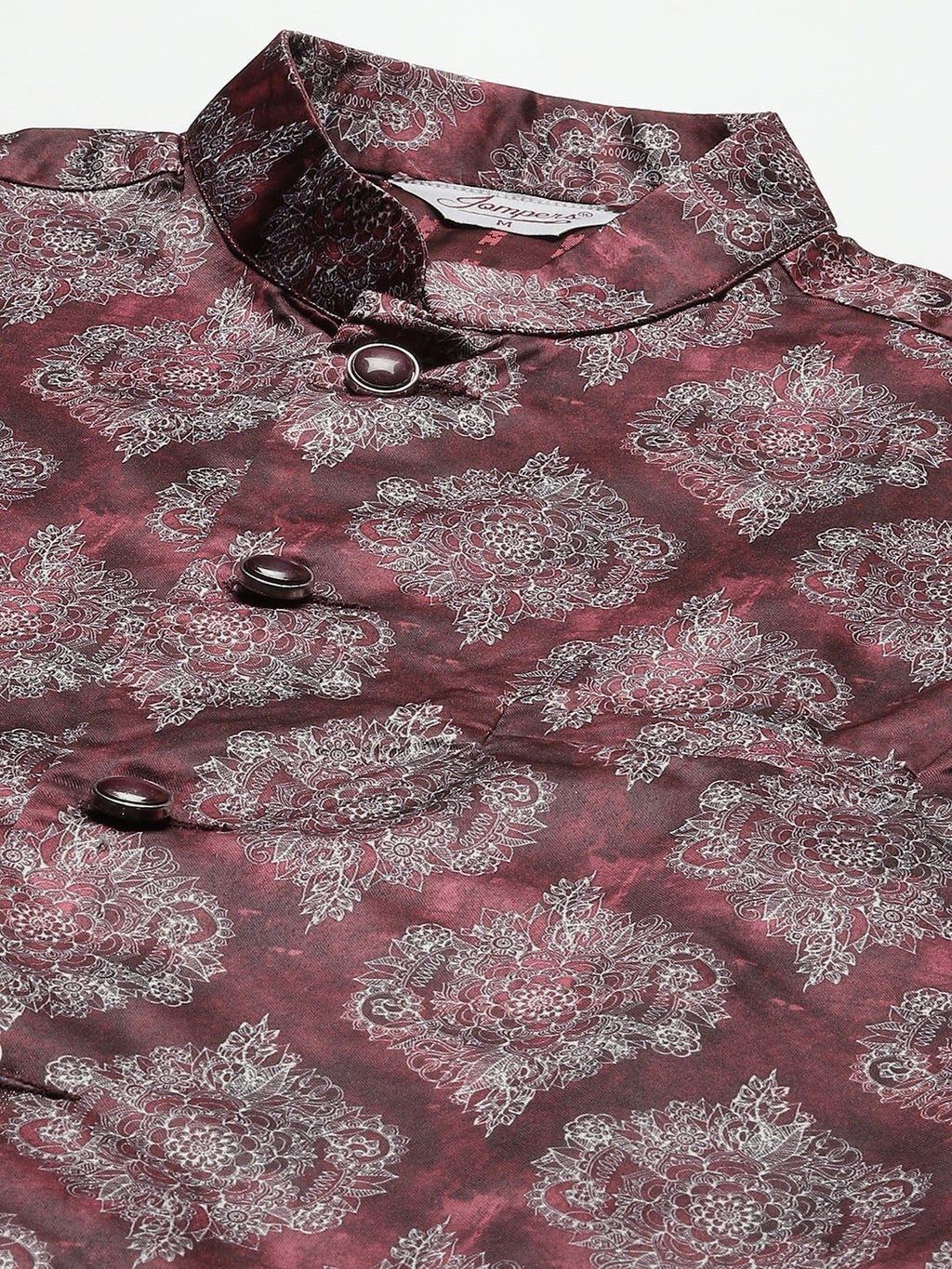 Jompers Men's Printed Nehru Jacket and Kurta Pyjama Set - Maroon | Grocsy