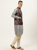 Jompers Men's Printed Nehru Jacket and Kurta Pyjama Set - Maroon | Grocsy