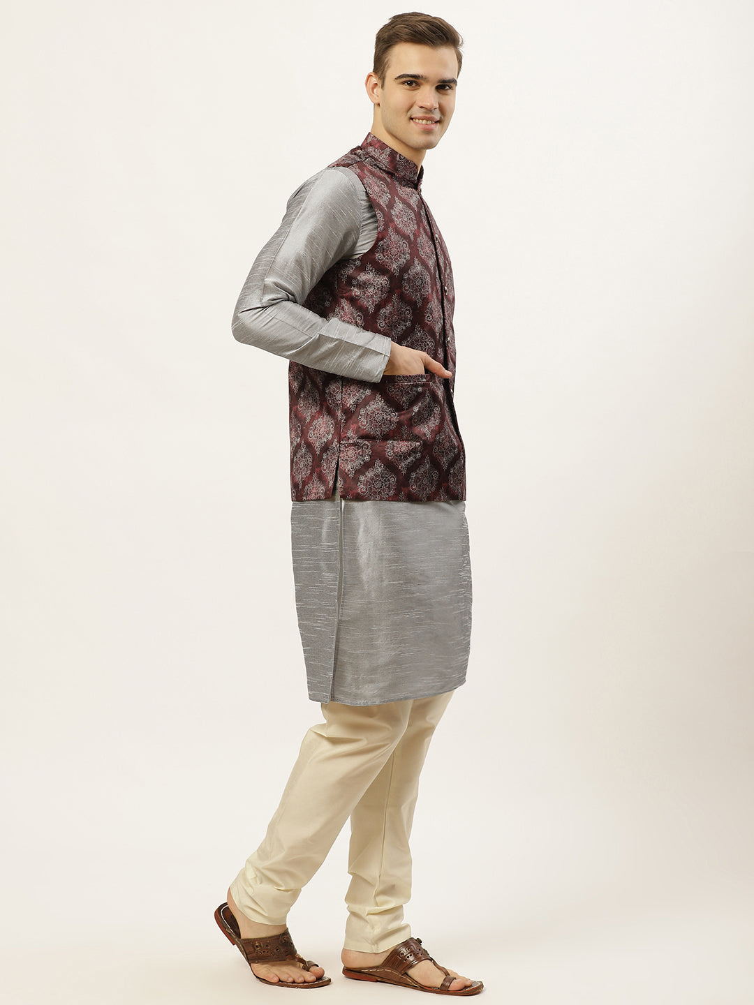 Jompers Men's Printed Nehru Jacket and Kurta Pyjama Set - Maroon | Grocsy