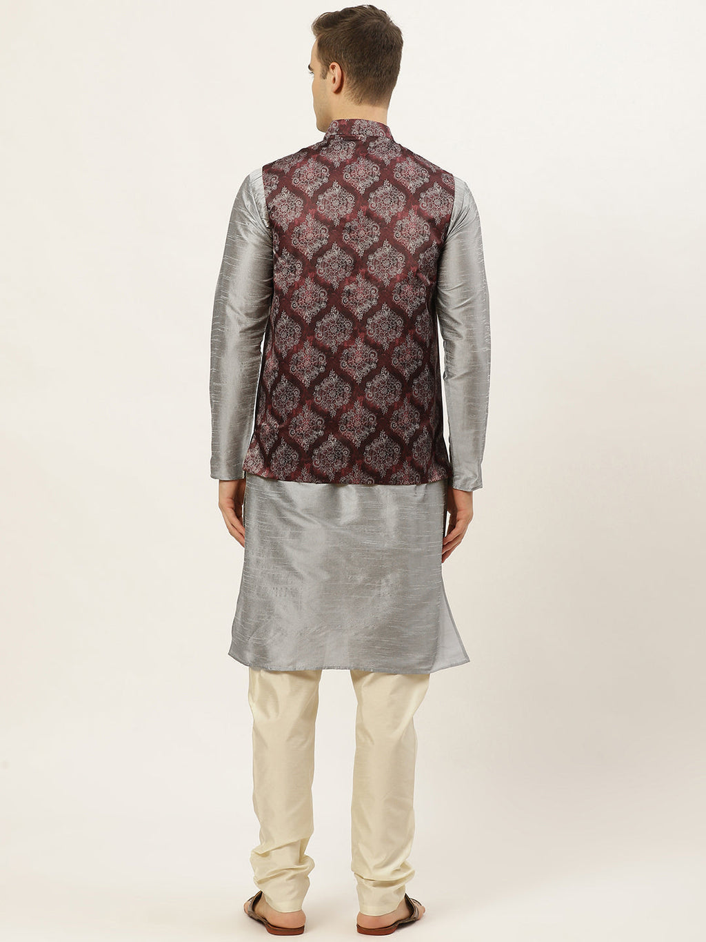 Jompers Men's Printed Nehru Jacket and Kurta Pyjama Set - Maroon | Grocsy