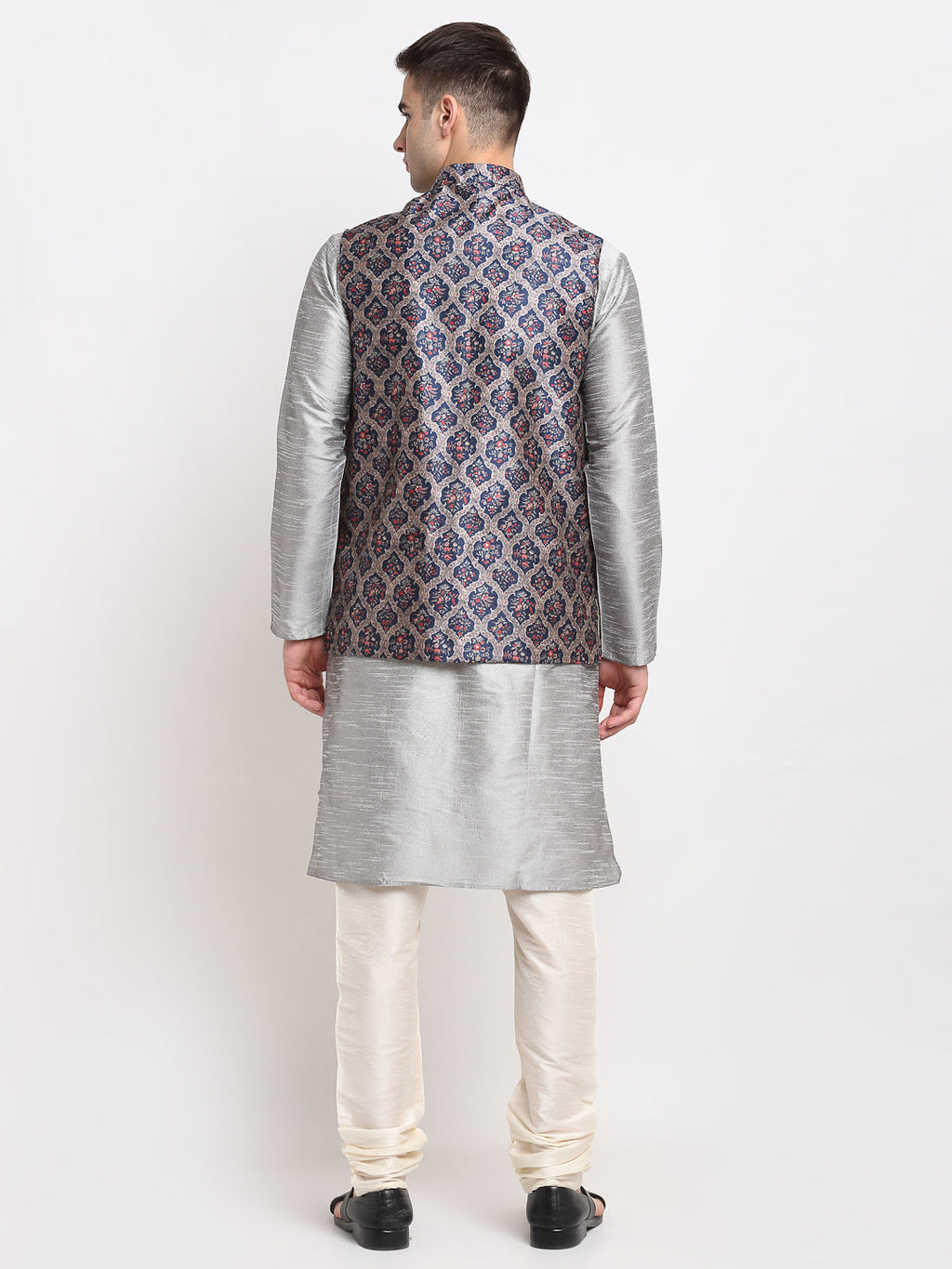 Jompers Men's Silver Dupion Silk Kurta with Churidar &Nehru Jacket(Grey) | Grocsy