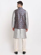 Jompers Men's Silver Dupion Silk Kurta with Churidar &Nehru Jacket(Grey) | Grocsy