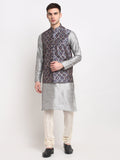 Jompers Men's Silver Dupion Silk Kurta with Churidar &Nehru Jacket(Grey) | Grocsy