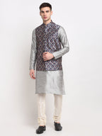 Jompers Men's Silver Dupion Silk Kurta with Churidar &Nehru Jacket(Grey) | Grocsy