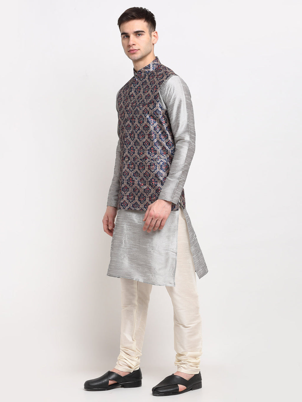 Jompers Men's Silver Dupion Silk Kurta with Churidar &Nehru Jacket(Grey) | Grocsy