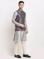 Jompers Men's Silver Dupion Silk Kurta with Churidar &Nehru Jacket(Grey) | Grocsy