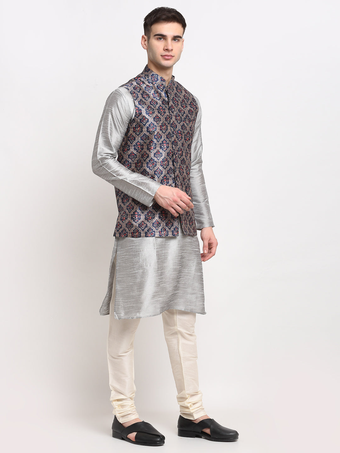 Jompers Men's Silver Dupion Silk Kurta with Churidar &Nehru Jacket(Grey) | Grocsy