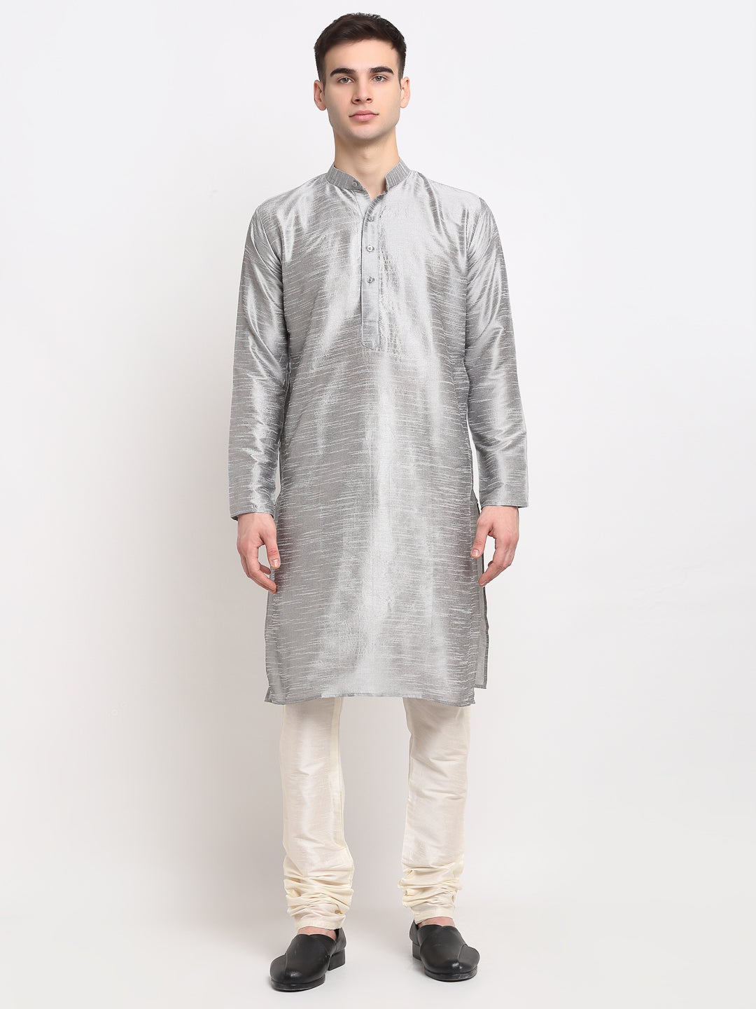 Jompers Men's Silver Dupion Silk Kurta with Churidar &Nehru Jacket(Grey) | Grocsy