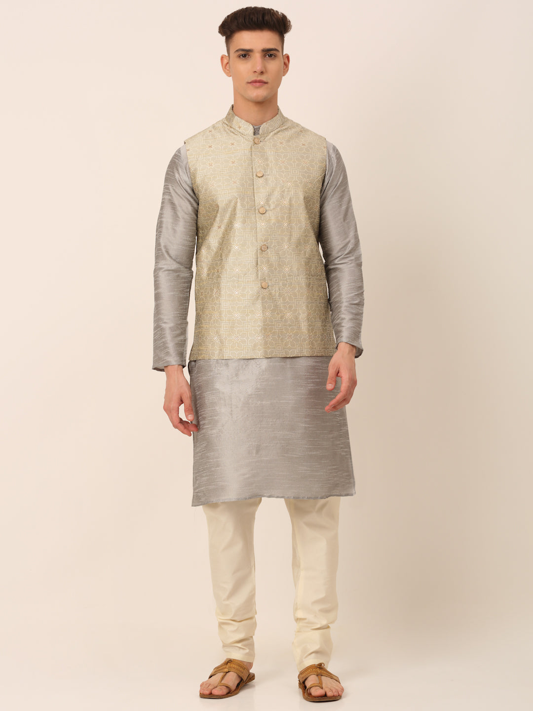 Jompers Men's Woven Design Nehru Jacket and Kurta Pyjama Set - Beige | Grocsy