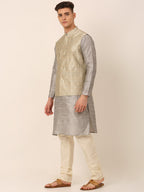 Jompers Men's Woven Design Nehru Jacket and Kurta Pyjama Set - Beige | Grocsy