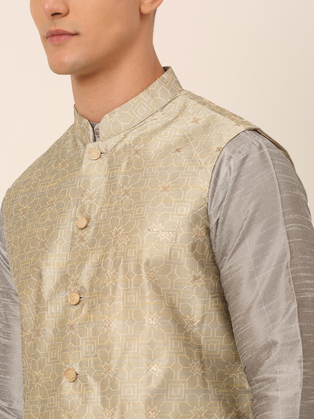 Jompers Men's Woven Design Nehru Jacket and Kurta Pyjama Set - Beige | Grocsy
