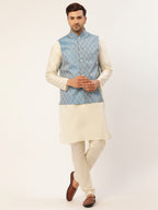Jompers Men's Woven Design Nehru Jacket and Kurta Pyjama Set - Sky Blue | Grocsy