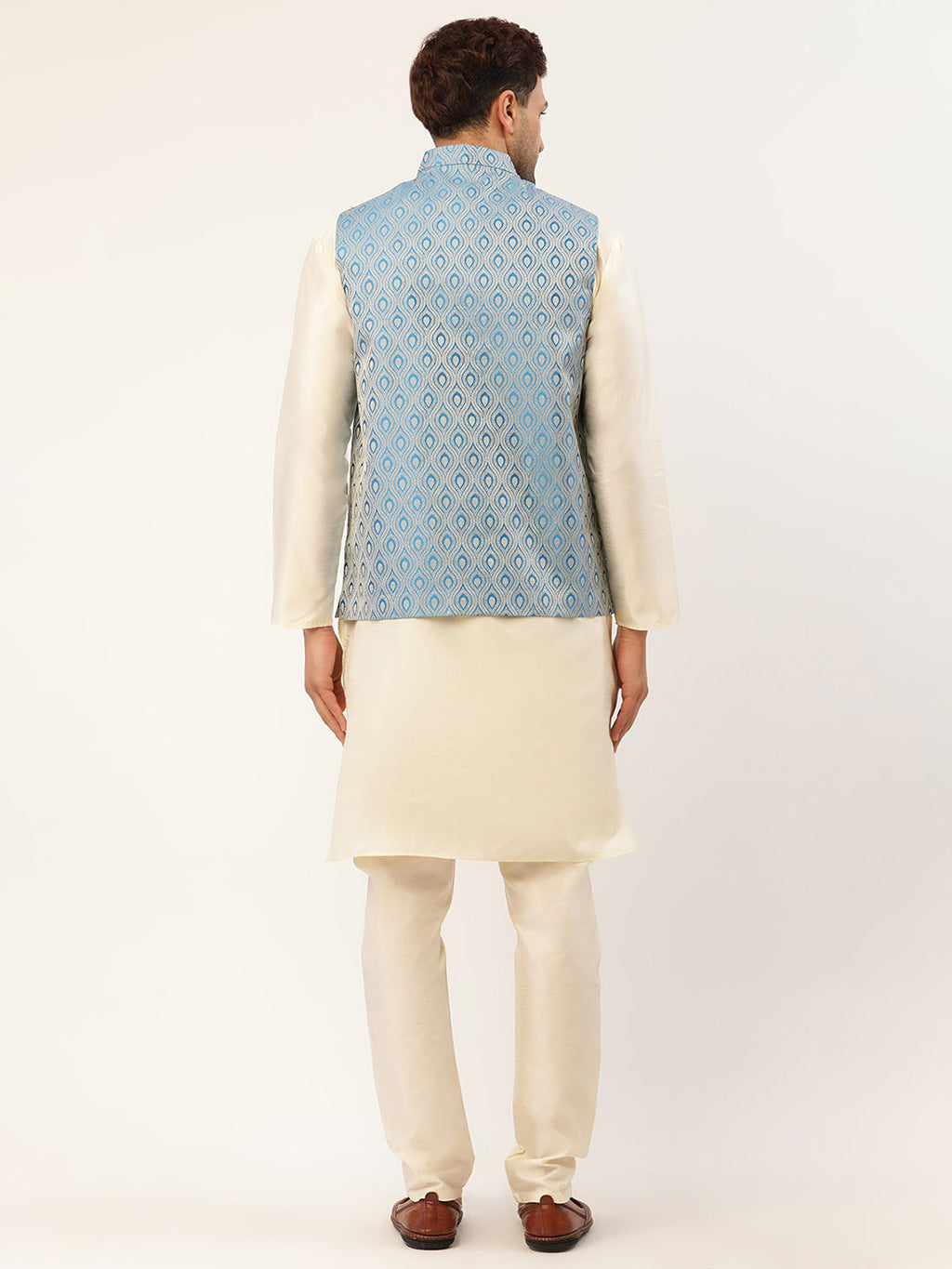 Jompers Men's Woven Design Nehru Jacket and Kurta Pyjama Set - Sky Blue | Grocsy