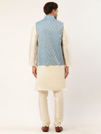 Jompers Men's Woven Design Nehru Jacket and Kurta Pyjama Set - Sky Blue | Grocsy