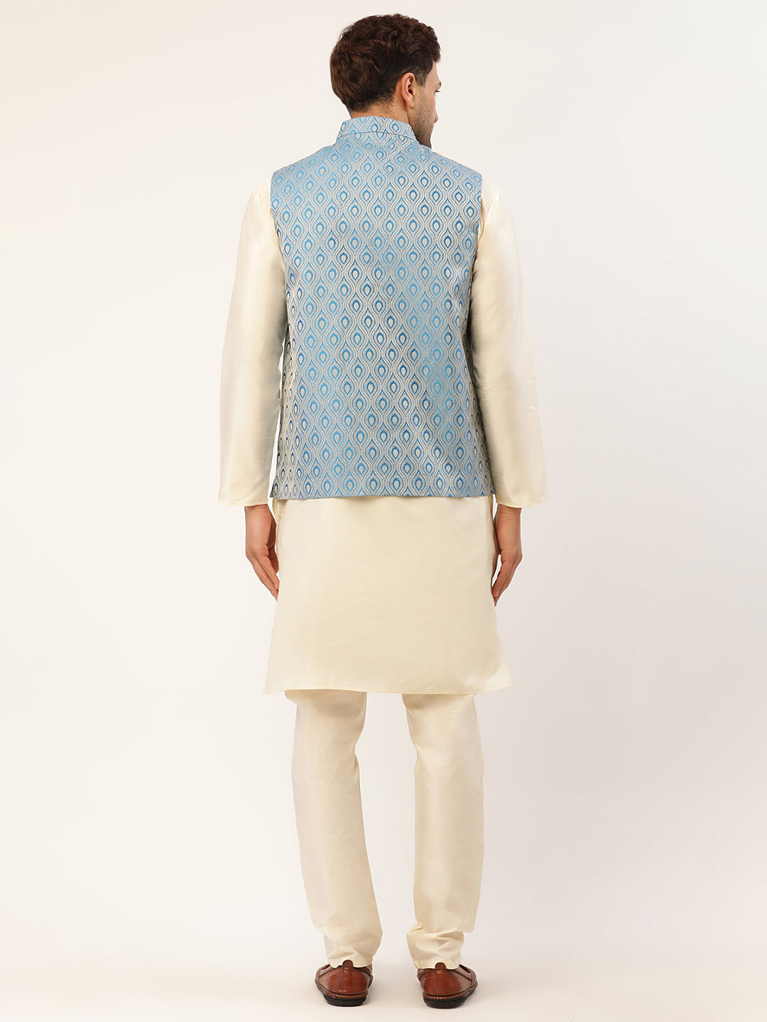 Jompers Men's Woven Design Nehru Jacket and Kurta Pyjama Set - Sky Blue | Grocsy