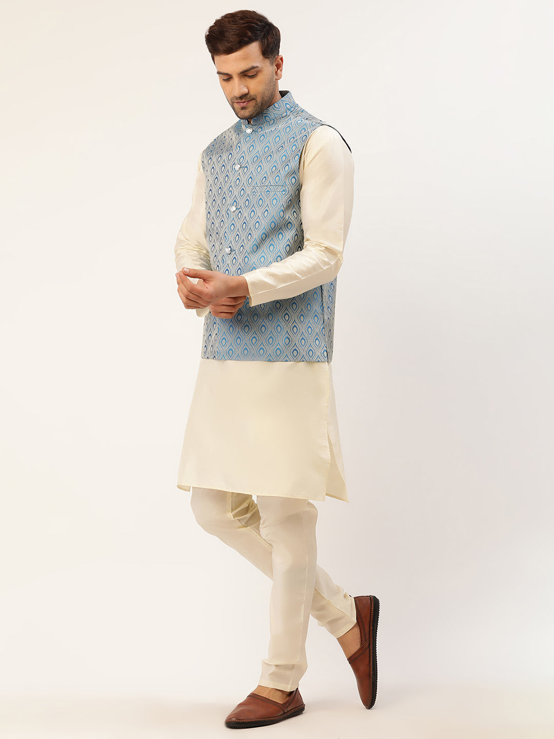 Jompers Men's Woven Design Nehru Jacket and Kurta Pyjama Set - Sky Blue | Grocsy