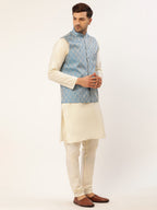 Jompers Men's Woven Design Nehru Jacket and Kurta Pyjama Set - Sky Blue | Grocsy