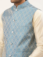 Jompers Men's Woven Design Nehru Jacket and Kurta Pyjama Set - Sky Blue | Grocsy