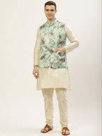 Jompers Men's Floral Printed Nehru Jacket and Kurta Pyjama Set - Lime | Grocsy