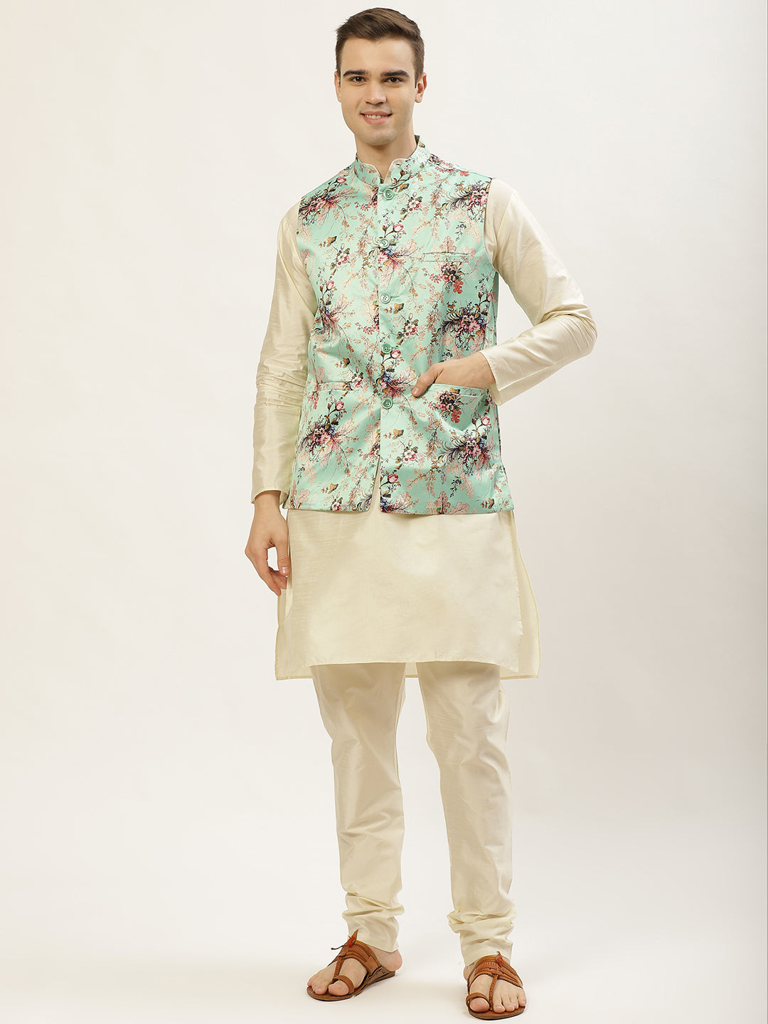 Jompers Men's Floral Printed Nehru Jacket and Kurta Pyjama Set - Lime | Grocsy