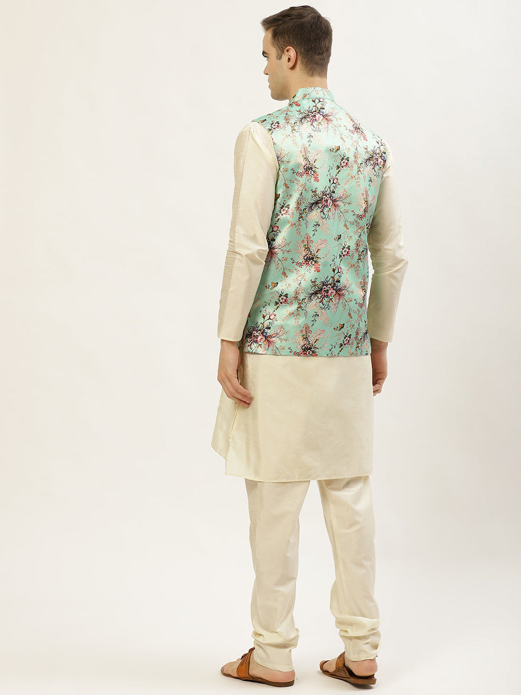 Jompers Men's Floral Printed Nehru Jacket and Kurta Pyjama Set - Lime | Grocsy