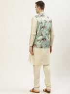 Jompers Men's Floral Printed Nehru Jacket and Kurta Pyjama Set - Lime | Grocsy
