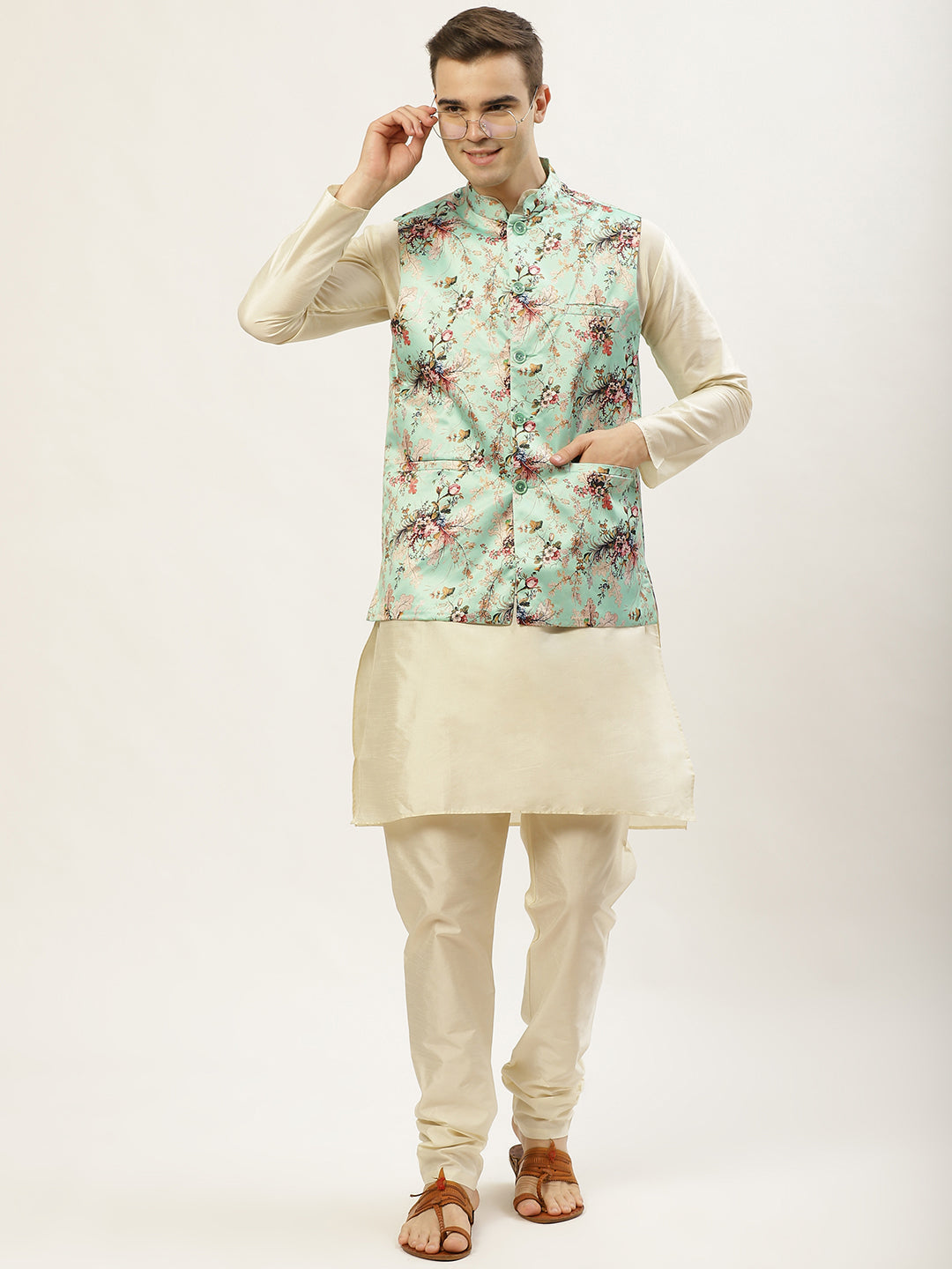 Jompers Men's Floral Printed Nehru Jacket and Kurta Pyjama Set - Lime | Grocsy