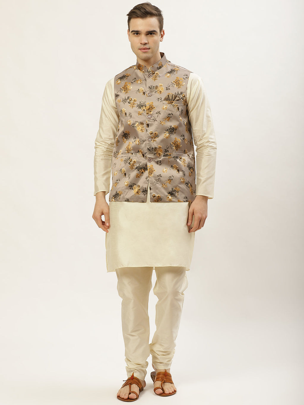 Jompers Men's Floral Printed Nehru Jacket and Kurta Pyjama Set - Grey | Grocsy