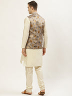 Jompers Men's Floral Printed Nehru Jacket and Kurta Pyjama Set - Grey | Grocsy