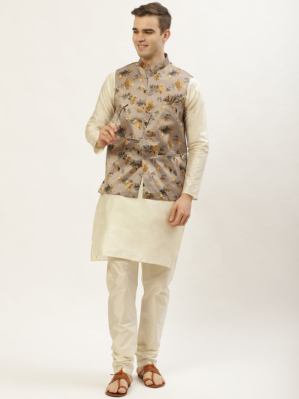 Jompers Men's Floral Printed Nehru Jacket and Kurta Pyjama Set - Grey | Grocsy