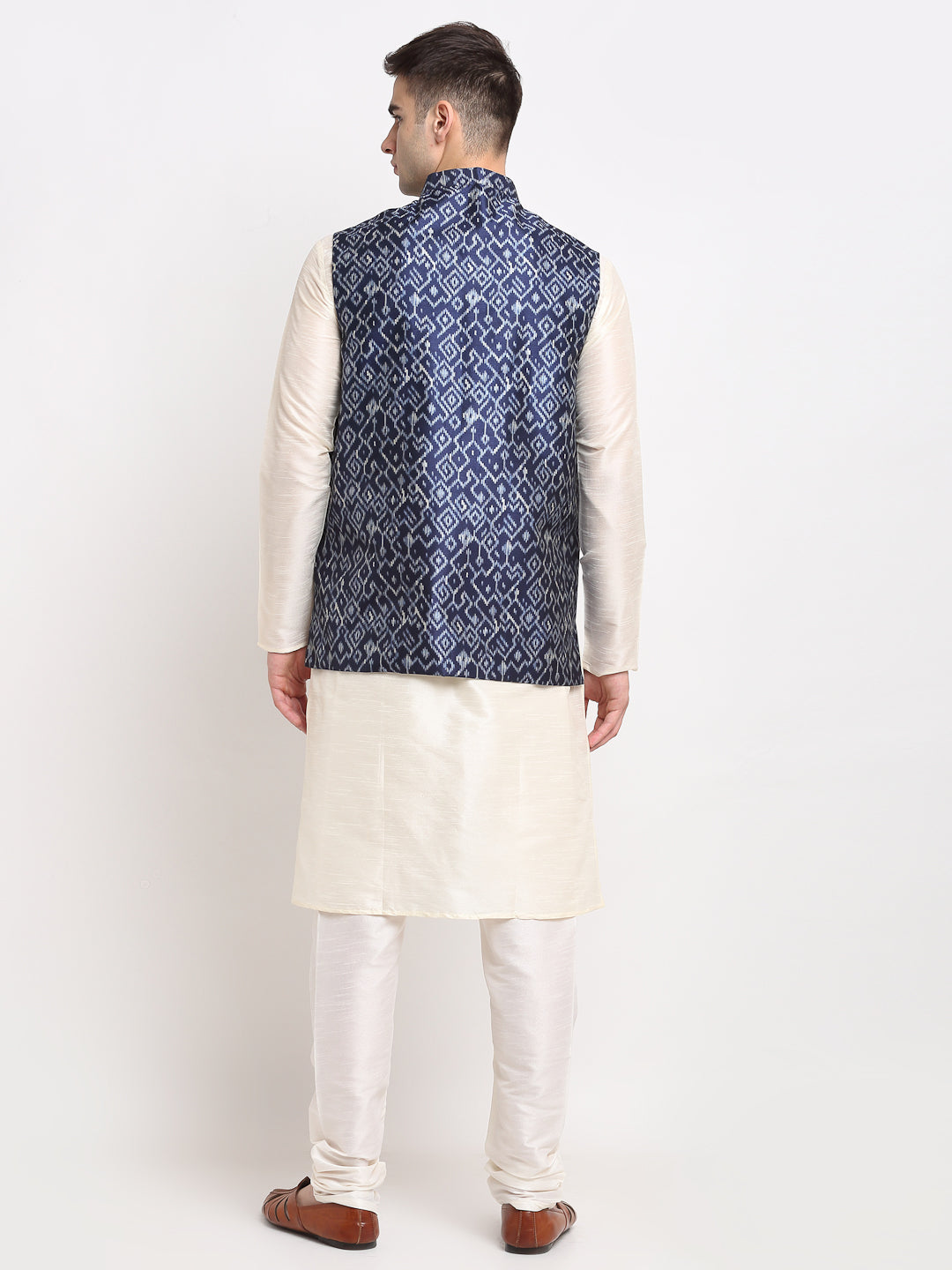 Jompers Men's Off-white Dupion Silk Kurta with Churidar&Nehru Jacket(Blue) | Grocsy